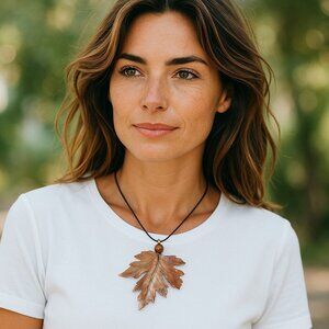 Copper Colored Maple Leaf Metal Pendant on Black Cord Edgy Brutalist Vintage